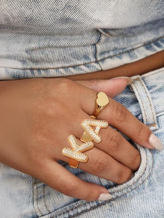 FindChic Initial Ring for Women, Gold Plated Chunky Letter Rings Open Adjustable Trendy Sparkling Cubic Zirconia Personalized Statement Rings Jewelry Gift