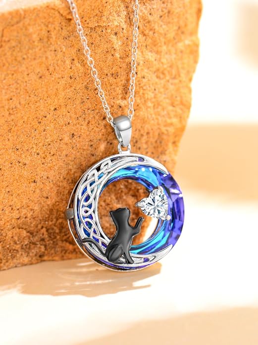 TOUPOP Cat Gifts for Cats Lovers 925 Sterling Silver Black Cat Necklace Celtic Moon Birthstone Jewelry for Women Anniversary Birthday Gift for Her Wife Mom