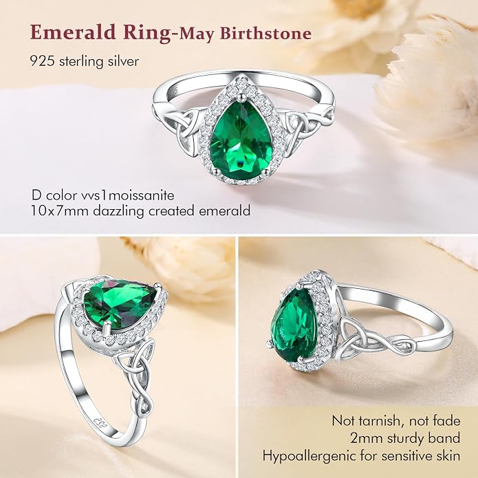 DAYBYDAY Celtic Birthstone Rings for Women 925 Sterling Silver Heart/Round/Pear/Oval Created Gemstone Moissanite Halo Engagement Promise Rings for Her Wife Birthday Anniversary Wedding Jewelry