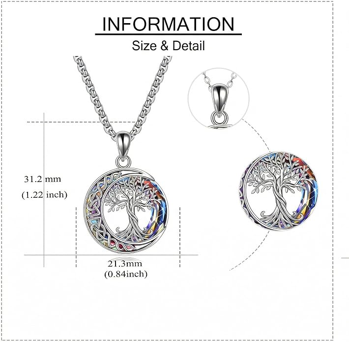 Tree of Life Necklaces S925 Sterling Silver Crystal Tree of Life Pendant Necklace Celtic Knot Moon Tree of Life Jewelry for Women Gifts