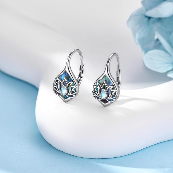 Moonstone Abalone Shell Earrings 925 Sterling Silver Dragonfly/Hummingbird/Butterfly/Lotus/Filigree Hoop Leverback Earrings Jewelry Gifts for Women