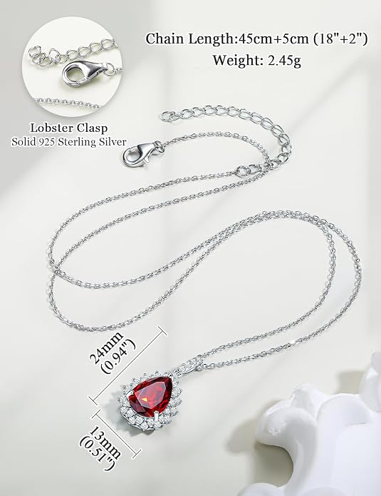 925 Sterling Silver Teardrop Necklace for Women Huge Created Gemstone Solitaire Halo Pendant Pear Cut Birthstone Necklace