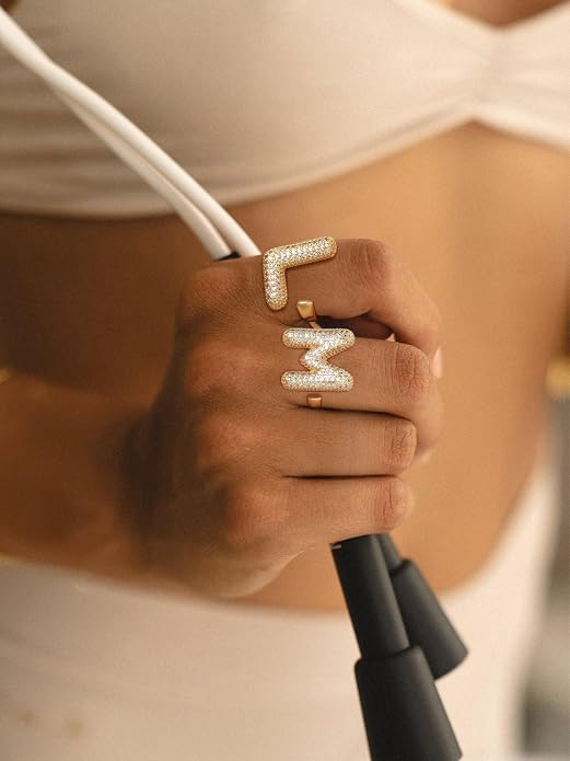 FindChic Initial Ring for Women, Gold Plated Chunky Letter Rings Open Adjustable Trendy Sparkling Cubic Zirconia Personalized Statement Rings Jewelry Gift