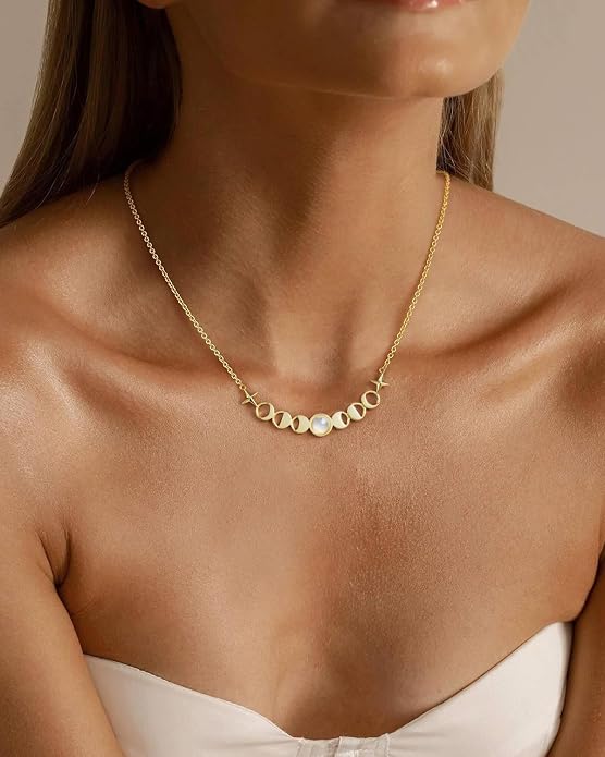 Celestial Necklace for Women: 14K Gold Plated Compass Sun Star Moon Phase Pendant, Boho Spiritual Gemstone Jewelry Anniversary Graduation Birthday Christmas Gift for Her Wife Girlfriend Daughter
