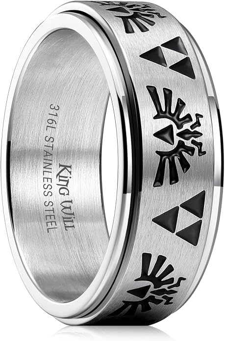 King Will 6mm 7mm 8mm Silver Black Stainless Steel Ring Spinner Ring Anxiety Relief Wedding Ring For Men Women Forest Elk Deer Family/Moon Star/Skull Head/Evil Eye/Poker Pattern Size 7-14