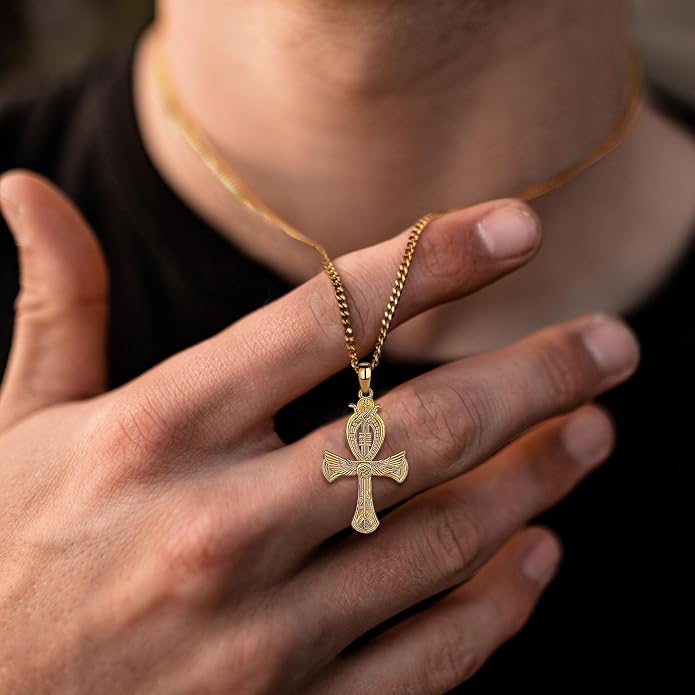 INFUSEU Mythology Pendant Necklaces for Men, Viking Norse Mjolnir Egyptian Anubis Ankh, 22-24 Inch Chain