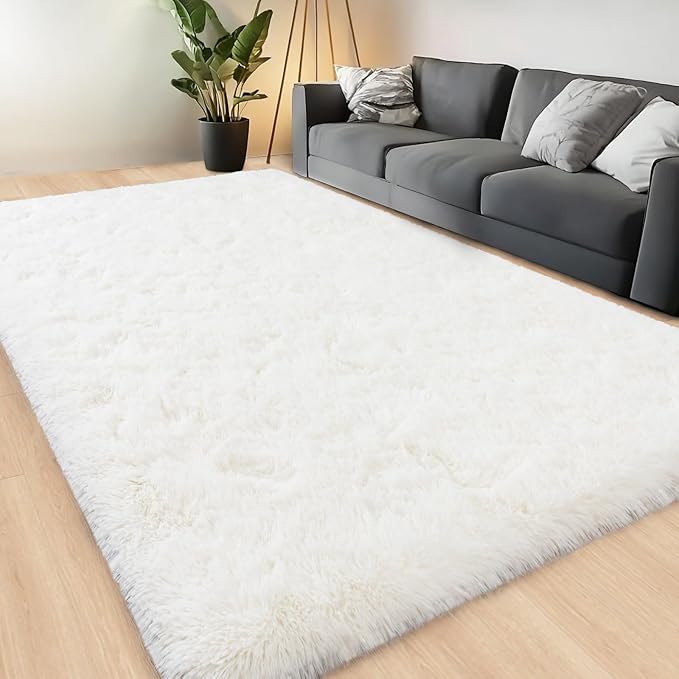 Large Area Rugs for Living Room Bedroom 8x10 Ivory Fluffy Shag Rugs | Ultra Soft Shaggy Plush Fuzzy Modern Indoor Throw Floor Carpet for Kids Girls Boys Dorm Nursery Home Decor Aesthetic