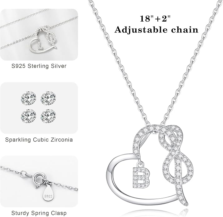 Infinity Heart Necklaces for Women, S925 Sterling Silver Initial Necklace Womens Jewelry Mothers Day Gifts Girls Valentines Gifts for Her Christmas Birthday Gifts for Women Mom Wife Girlfriend