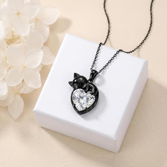 Cat Necklace Sterling Silver Cat Zircon Pendant Gothic Jewelry for Women Animal Lovers Gifts