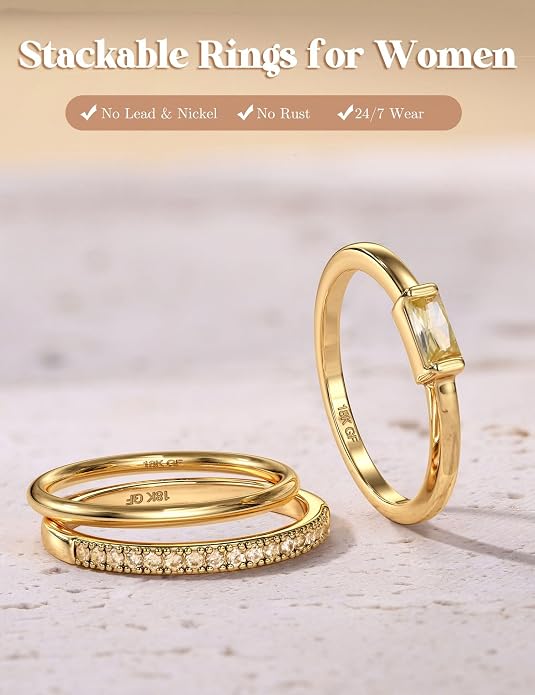 Gold Stackable Birthstone Rings for Women - 18K Gold Filled Non Tarnish Dainty Gold Stacking Rings Set - Cubic Zirconia Thumb Knuckle Ring Wedding Engagement Ring for her Gifts Size 6 7 8 9 10 3pcs
