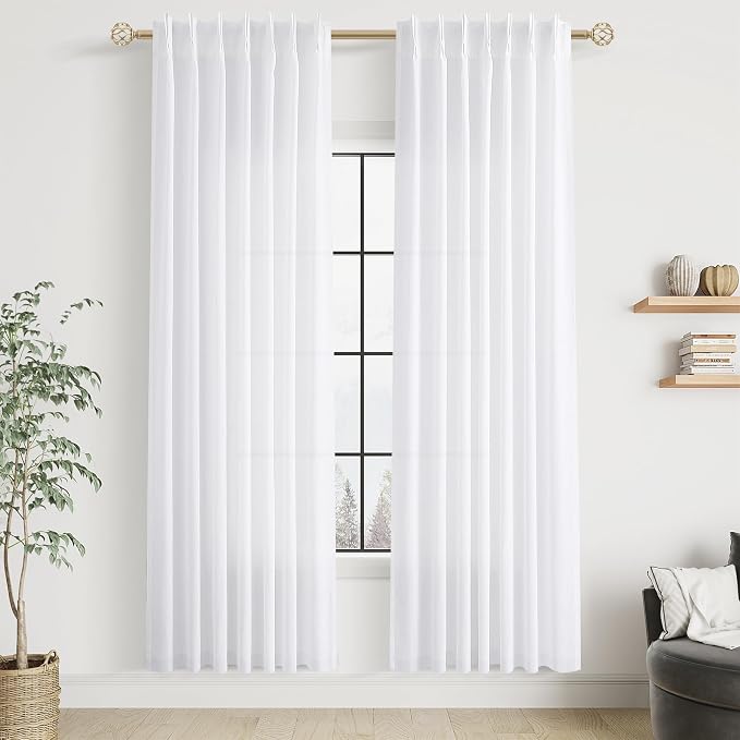 Aersas White Pinch Pleated Linen Curtains 78 Inch Long for Bedroom Pinch Pleat with Hooks Back Tab Light Filtering Boho Farmhouse Semi Sheer 78 Inch Curtain for Living Dining Room Cabin Closet