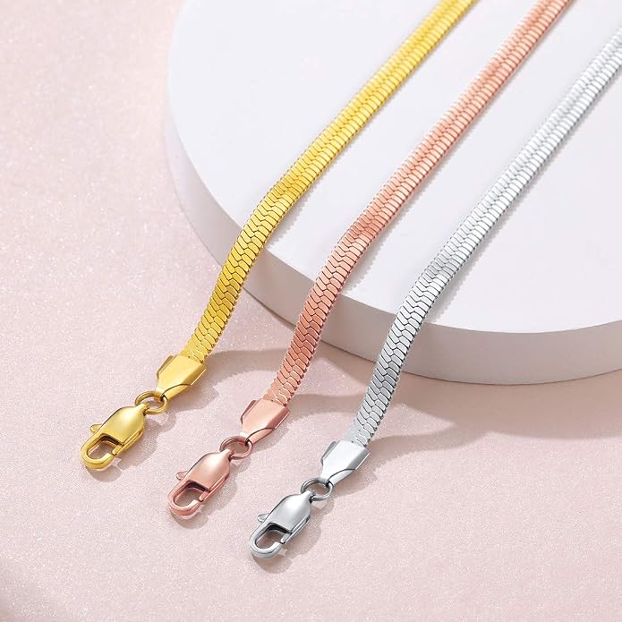 FindChic Elegant Herringbone Snake Chain Anklets/Bracelets 3MM/5MM Width Stainless Steel/18K Gold/Rose Gold Plated/Black 4 Color Options, 8.3'' 8.5'' 10.5'' Length, with Gift Box