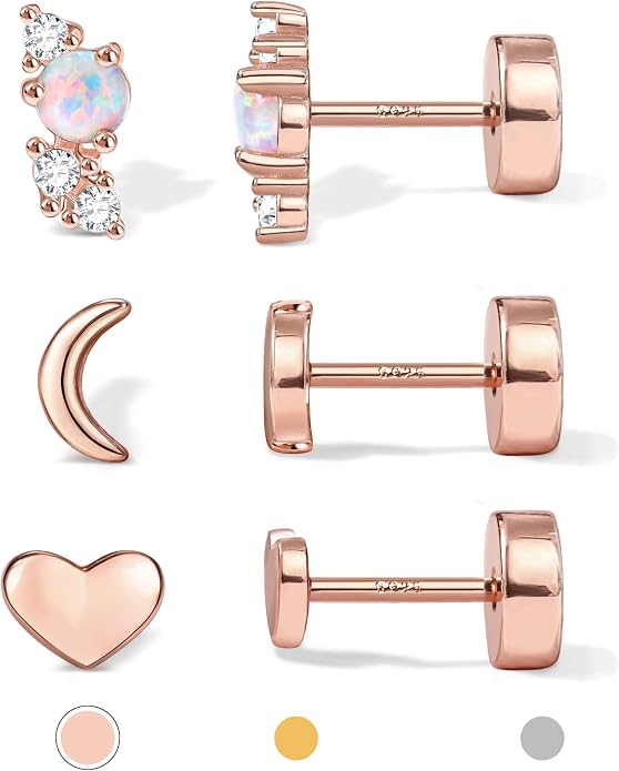 14K Gold Plated Solid 925 Sterling Silver Post Flat Back Earrings Stud | Cartilage Helix Conch Tragus Piercing Jewelry 3 Pairs Tiny Screw Dainty CZ Opal Earring Set Men Women