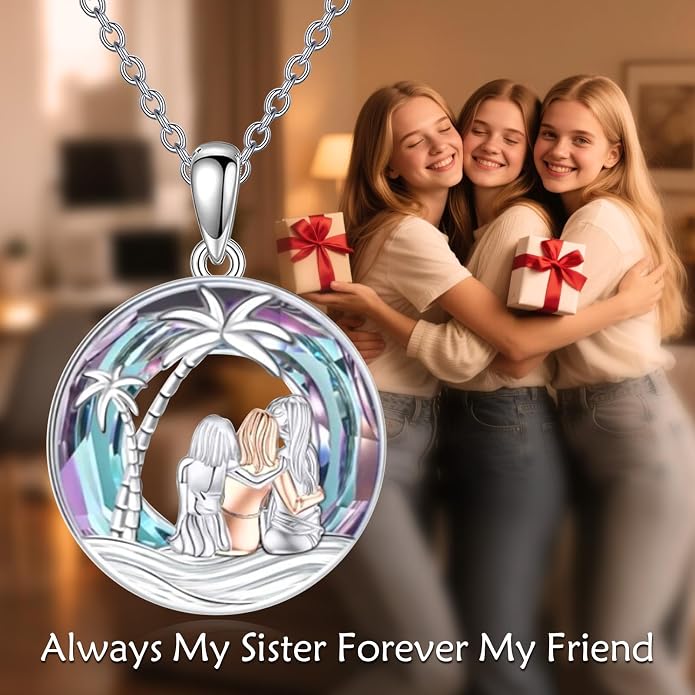 Sisters Necklace Sterling Silver Always My Sister Forever My Friend Jewelry Tree of Life Palm Trees Necklace for Women Female Friendship Jewelry