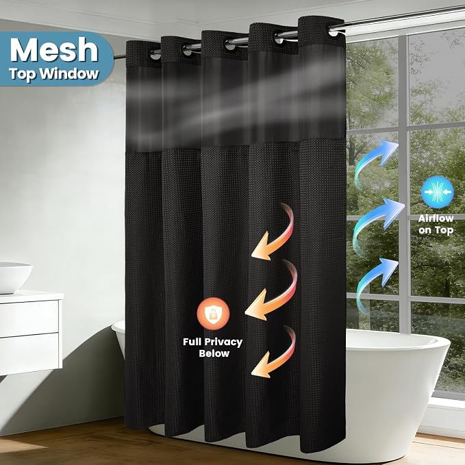 EUTXL Heavyweight Black Stall Shower Curtain with Liner - 256GSM Waffle Textured Heavy Duty Shower Curtains for Bathroom,54W x 80H