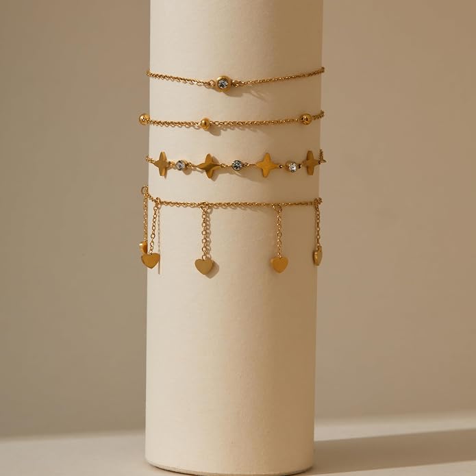 LOFITOR Ankle Bracelets for Women Glitter Waterproof Adjustable Anklet Set for Women 18K Gold Plated Silver Charm Dainty Layered Anklets, Summer Beach Anklet Jewelry for Women