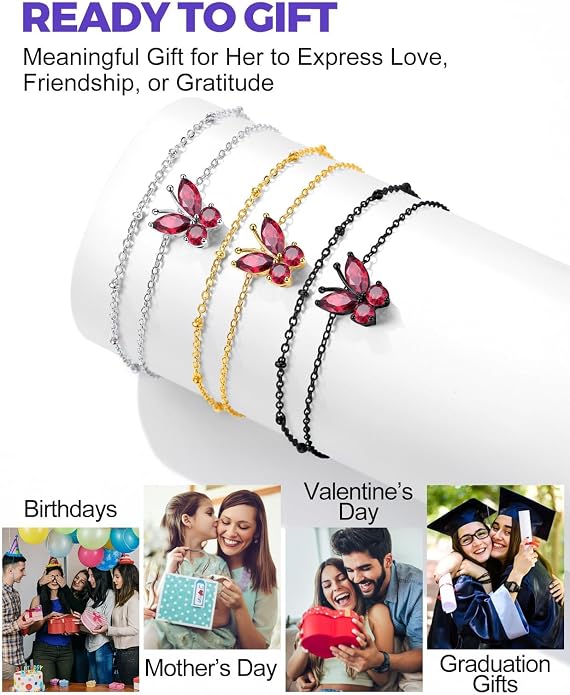 Richsteel Double Layer Heart/Butterfly Birthstone Anklet for Women Non Tarnish Waterproof, Silver/Gold/Black Stainless Steel 8.5-10.5 Inch Adjustable Chain Anklets Jewelry Gifts for Her