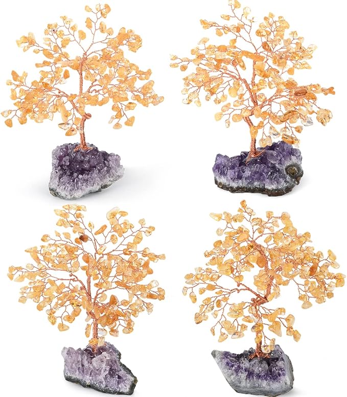 Natural Citrine Crystal Tree with Amethyst Geode Base,Crystal Ornaments Feng Shui Bonsai Money Tree,Chakra Balancing Positive Energy Figurings Decor 5.5"-6.3"