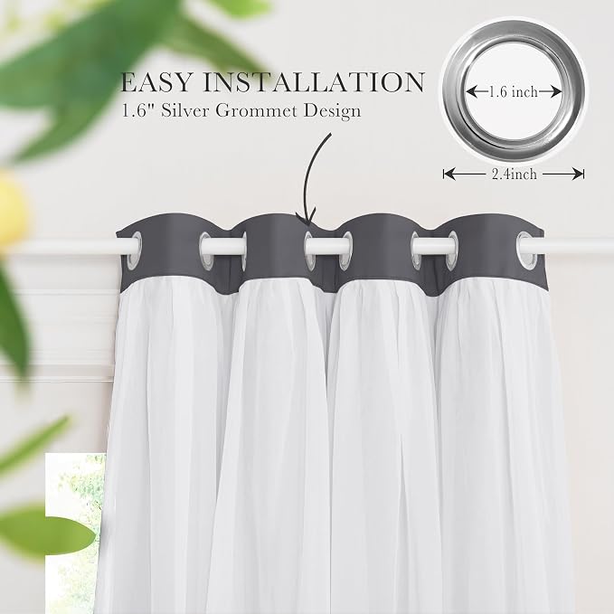 PONY DANCE Gray Blackout Curtains - White Sheer Curtains & Drapes Light Block Window Panels Mix & Match Modern Living Room Decor, 52 Wide x 95 Long, Grey, 2 PCs