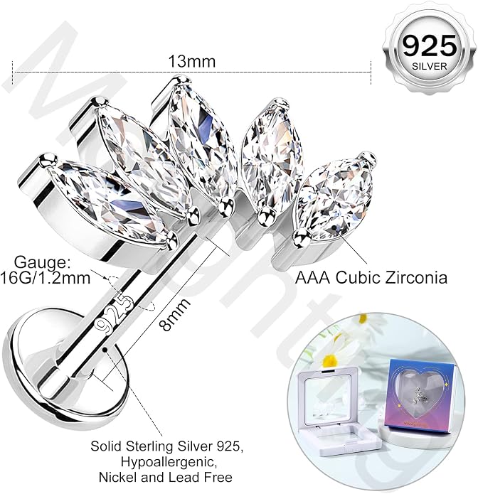 Melighting 16G Curved Helix Earring, Sterling Silver 925 Tragus Conch Stud Internally Threaded, Clear Marquise Round CZ Flat Back Lobe Labret Cartilage Piercing Jewelry for Women 6/8 mm