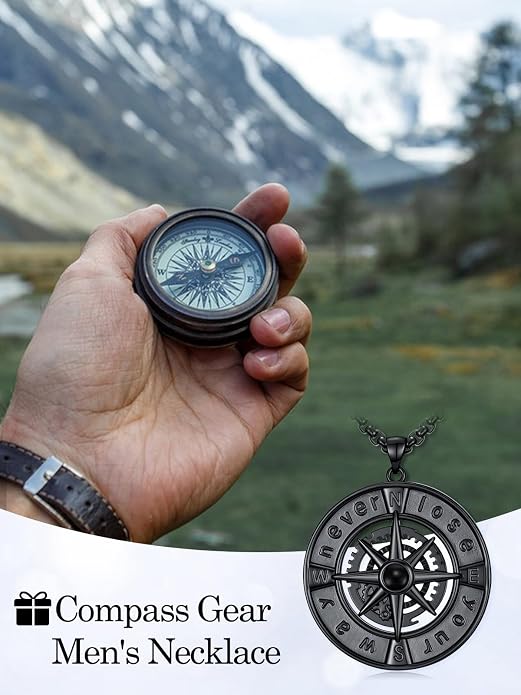 POIUY Graduation Gifts for Men, Compass Necklace, 18k White & Black Gold Plated - Compass Pendant, Graduation Jewelry, Anniversary Birthday Gift for Graduates College Students Son Brother Him