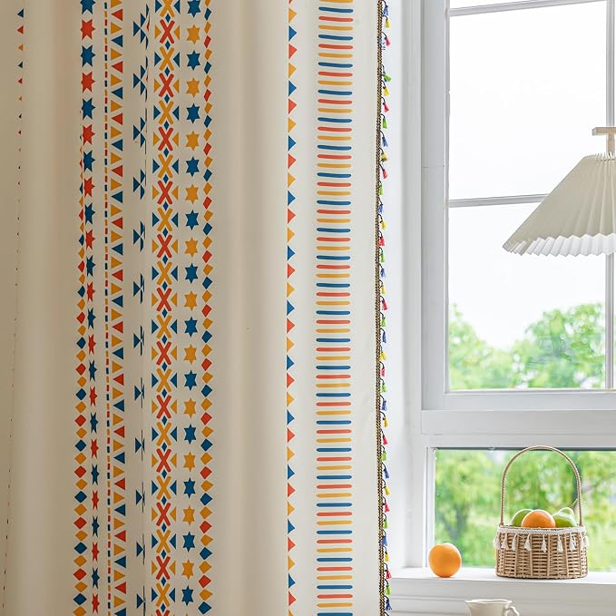 Beige Geometric Curtains 102 Inches Long, Boho Farmhouse Light Filtering Rod Pocket Drapes with Tassel Trim for Bedroom Living Room, 2 Panels