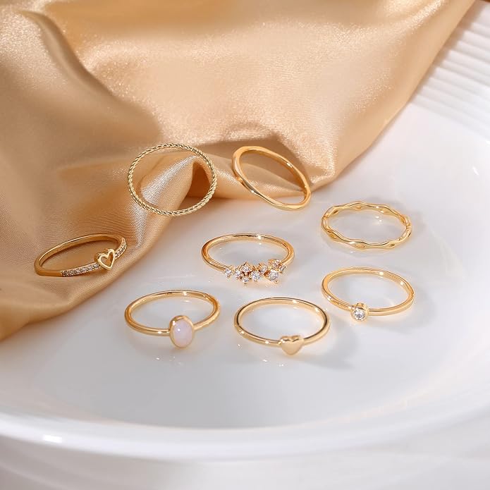 RLMOON 8-12PCS 14K Gold Ring Set for Women Non Tarnish Dainty Silver Rose Gold Thumb Stackable Stacking Rings Heart CZ Pinky Rings Plain Band Size 4-12