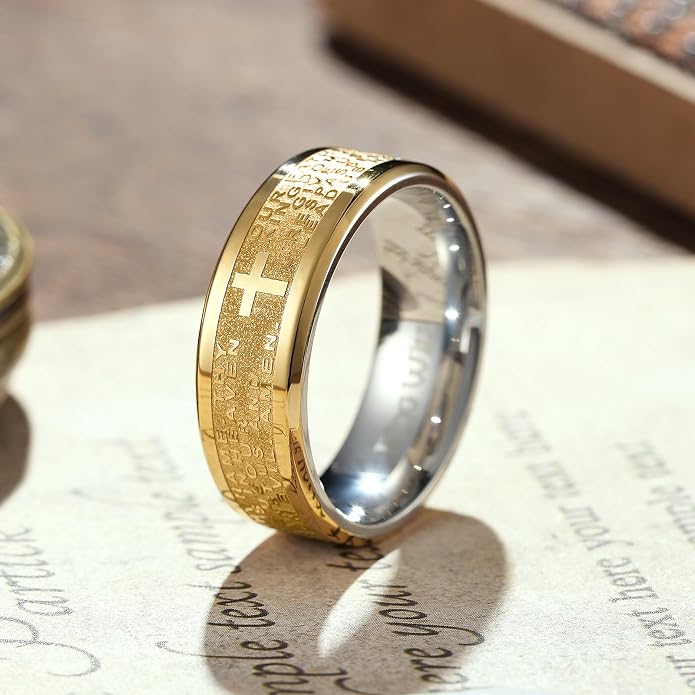 King Will Stainless Steel Men Ring Lord's Prayer Cross Ring Stainless Steel Men Wedding Ring, Wedding Band Bible Engraved Rings High Polished, Comfort Fit