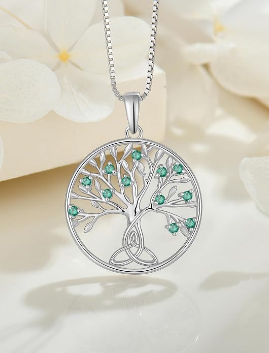 Celtic Knot Tree Necklace 925 Sterling Silver Tree of Life Pendant Birthstone Jewelry for Women