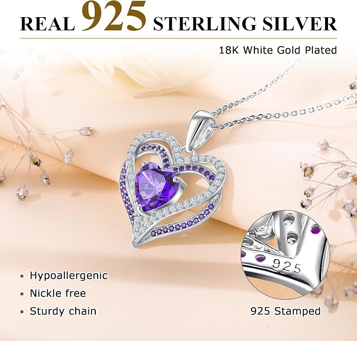 Anniversary Charm Necklace, Sterling Silver 14K Gold Plated Chain with Interlocking Heart Pendant Elegant Birthstone Necklaces for Women, Length 18"