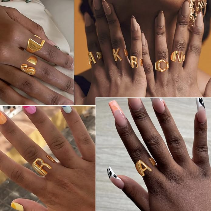 KeyStyle Bold Initial Letter Rings Adjustable, GoldChic Jewelry Women Gold Statement Ring Personalized Engraved Women’s Open Signet Ring for Party (Gold, White Gold, Black)