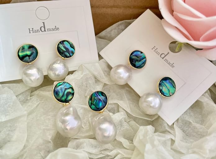 Baroque Pearl Earrings Drop Dangle water droplet shaped Abalone Shell Freshwater Pearl Stud for Women 14K Gold plated Jewelry wedding earrings birthday Gift 11-12mm
