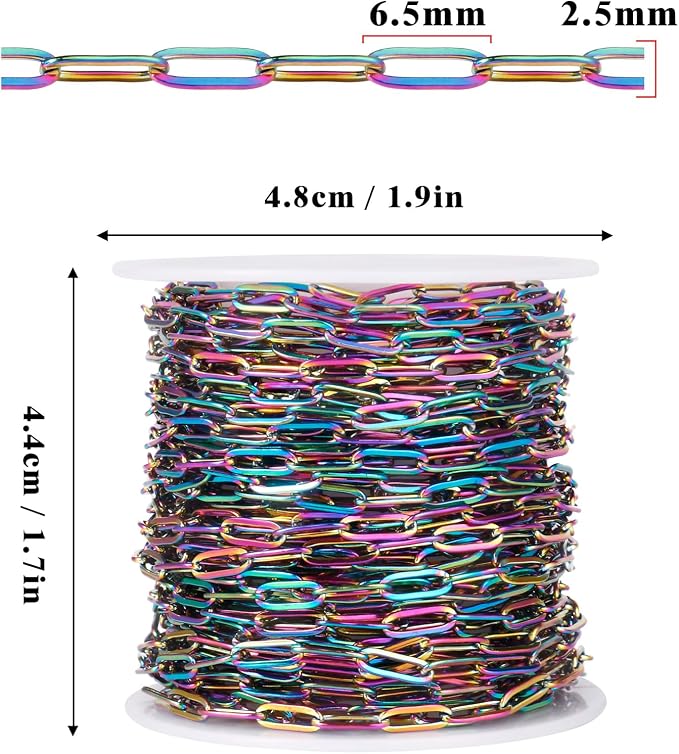 [33 Ft] Stainless Steel Paperclip Chains Roll, 2.5mm Width Rainbow Plated Stainless Steel Oval Link Chains Spool Bulk for Jewelry Making
