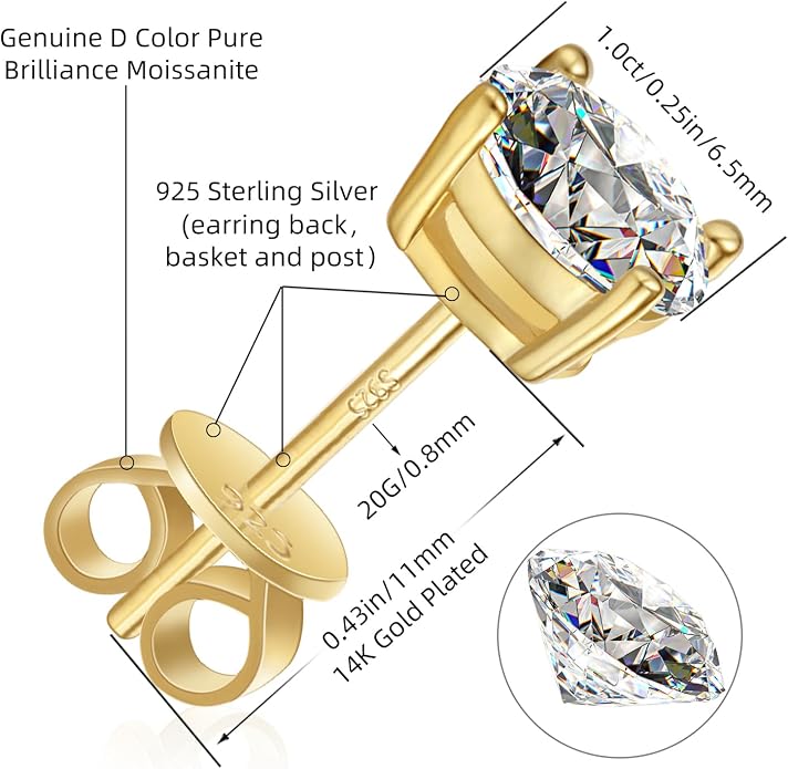 Moissanite Stud Earrings GRA 925 Sterling Silver Earrings for Men 18K White Gold Plating Earrings for Women,wedding earrings(0.3Ct-4Ct)