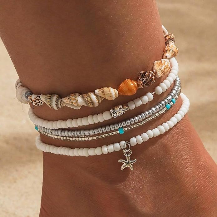 Qceasiy Bead Ankle Bracelets Set For Women, Adjustable Gold Plated Boho Shell Anklet, Hawaiian Beach Seashell Pearl Disc Starfish Conch Foot Jewelry, Summer Fashion Gifts