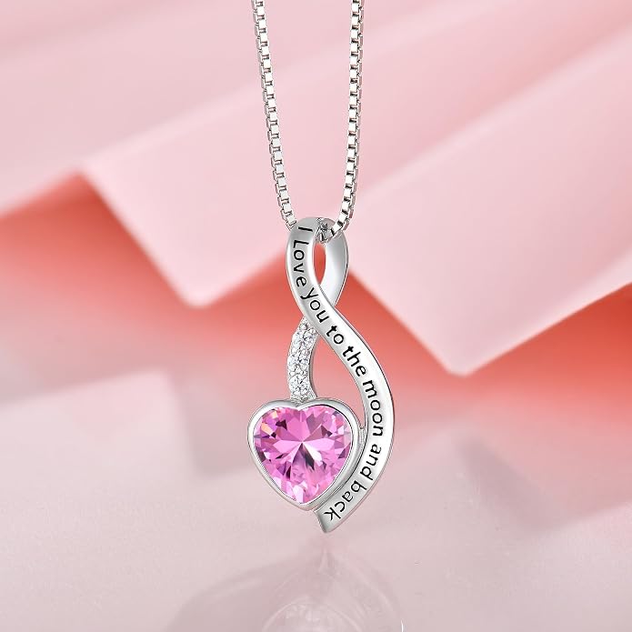 I Love You to The Moon and Back Necklace for Women, 925 Sterling Silver Heart Birthstone Pendant Necklace Jewelry Anniversary Birthday Gifts for Girls Women Wife Mom Daughter