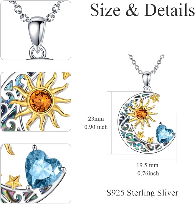 AOBOCO 925 Sterling Silver Sun and Moon Star Pendant Necklace with Simulated Birthstone, Birthday Christmas Jewelry Gift for Women Teen Girls