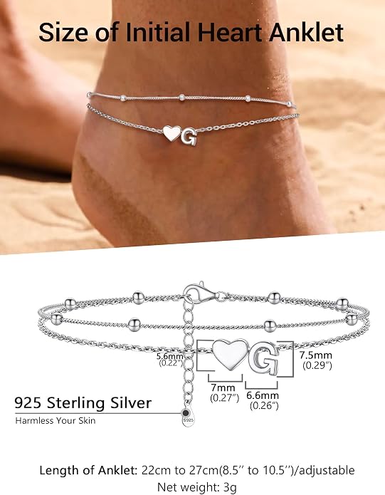 PROSILVER Ankle Bracelets for Women S925 Sterling Silver Anklets for Women Waterproof, Dainty Layered Heart Anklet, Beach Initial Anklet for Summer, Letter A-Z