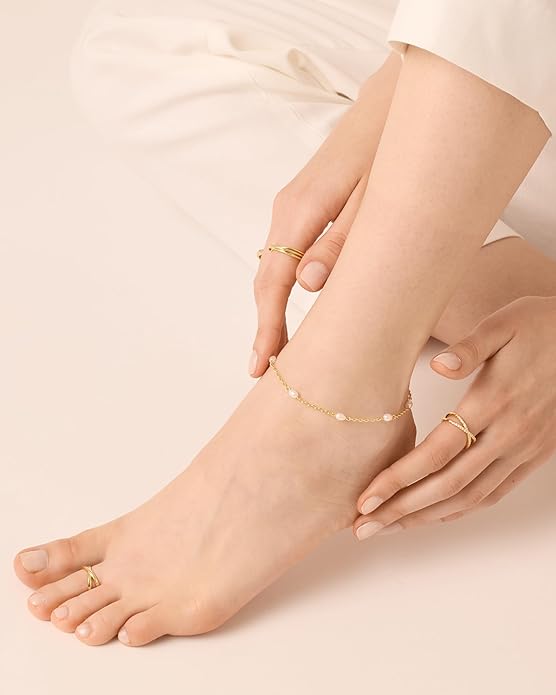 PAVOI 14K Gold Plated Anklet for Women - Trendy Link Chain Ankle Bracelet Summer Jewelry - Boho Dainty Anklets with Cubic Zirconia, Beaded, Evil Eye, Star, Station, Pearls Adjustable Gold Jewelry