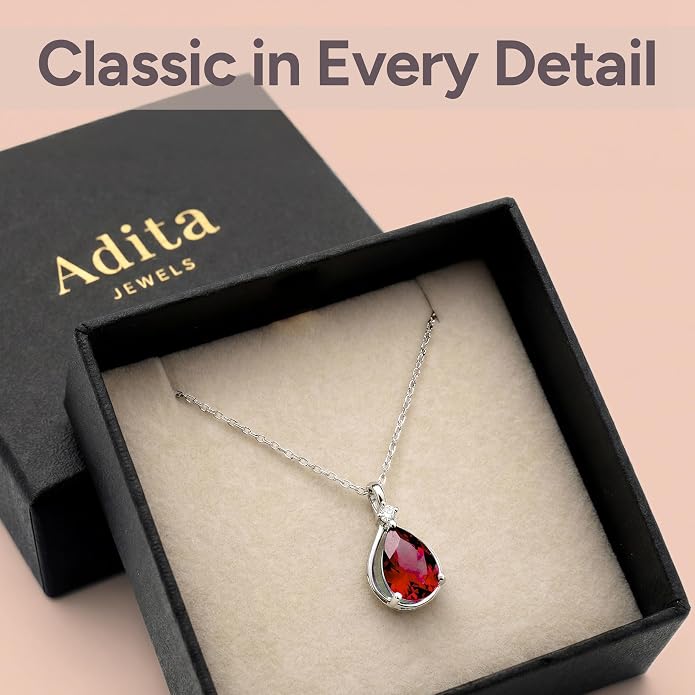 ADITA GOLD Birthstone Necklace for Women, 925 Sterling Silver Teardrop Pendant, Simulated Gemstone, Birthstone Jewelry