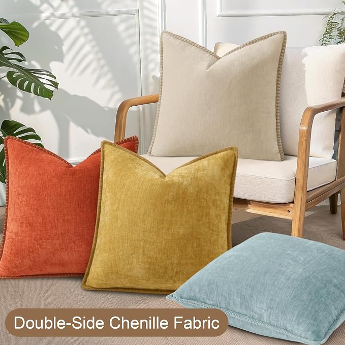 decorUhome Fall Soft Decorative Chenille Throw Pillow Covers 16x16 Set of 4 | Rust Orange Decorative Modern Farmhouse Neutral Pillow Cases with Stitched Edge for Couch Sofa Bed Living Room Home Decor