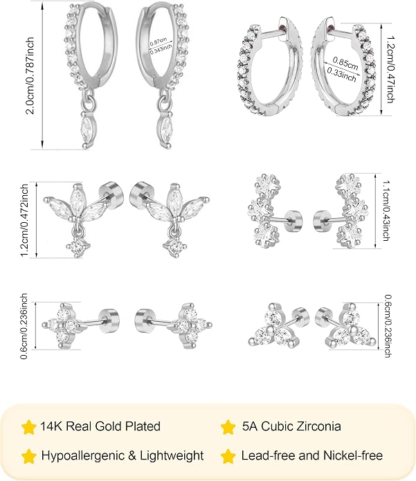 14K Gold Plated Dainty Stud Hoop Earrings for Women 6 Pairs Huggie Hypoallergenic Silver Gold Flat Back Cartilage Stud Earrings Set for Multiple Piercing Luxury Cubic Zirconia Drop Earrings Jewelry Trendy Gifts