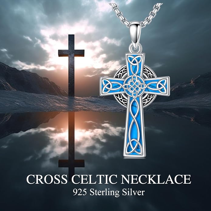 HPQQ Cross Necklace 925 Sterling Silver Turquoise Tree of Life Celtic Knot Cross Pendant Jewelry Mother's Day Gifts for Women