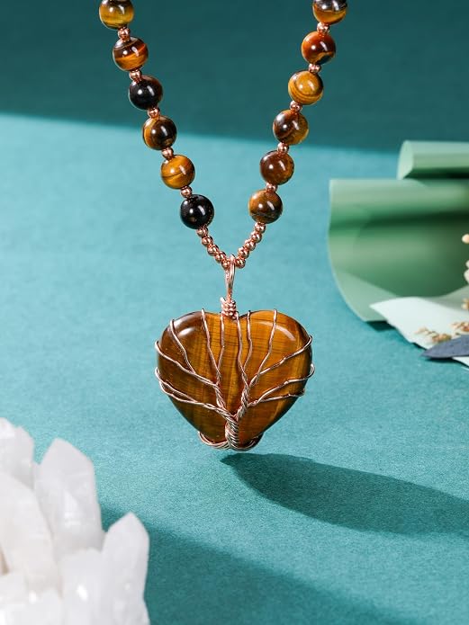 Top Plaza Healing Crystal Amethyst Necklace Natural Stone Beads Life Tree Wire Wrapped Teardrop Gemstone Pendant Jewelry for Women Mom