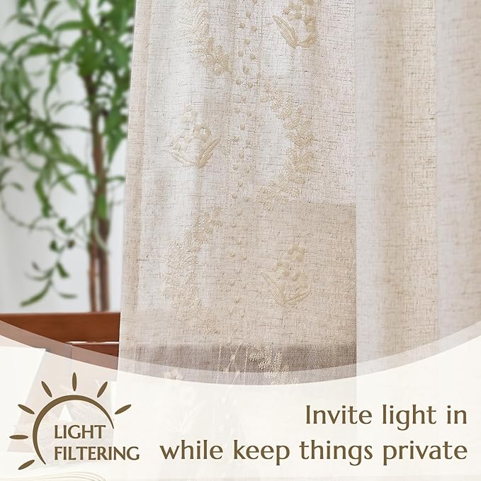 jinchan Floral Linen Curtains 84 Inch Farmhouse Back Tab 2 Panels Ivory | Embroidered curtains,boho curtains,living room,bedroom,light filtering,privacy,flower patterned drapes,window treatment