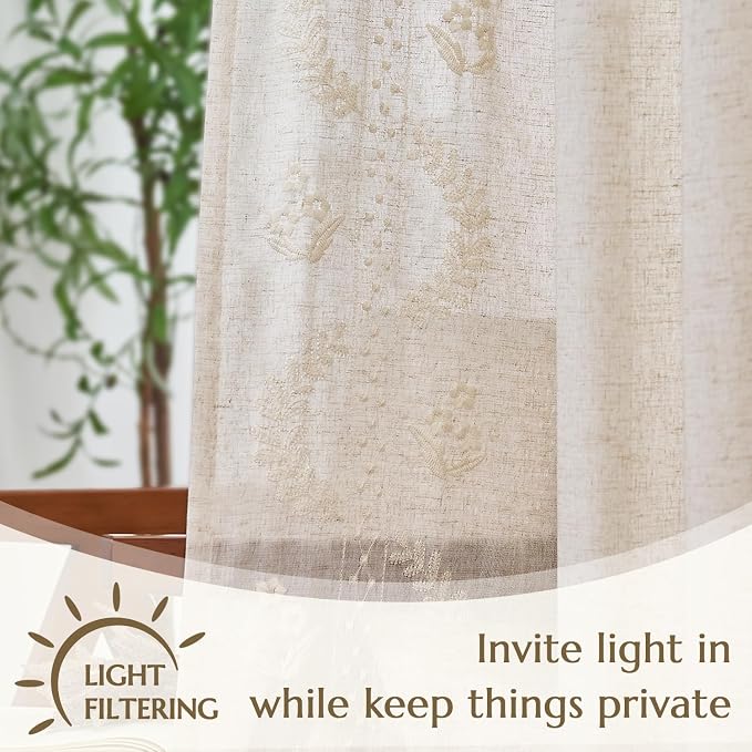 jinchan Floral Linen Curtains 72 Inch Farmhouse Back Tab 2 Panels Ivory | Embroidered curtains,boho curtains,living room,bedroom,light filtering,privacy,flower patterned drapes,window treatment