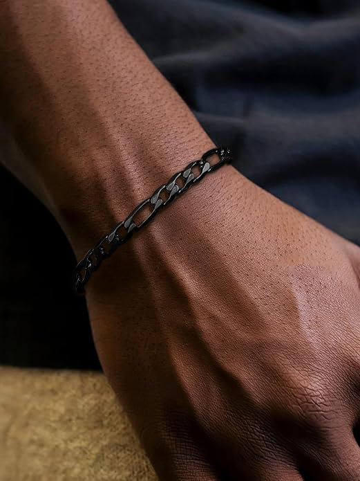 ChainsPro Men Sturdy Figaro/Cuban Chain Bracelet, 6/9/13mm Width, 7.48/8.26inch Length, 316L Stainless Steel/18K Gold Tone/Black- Send Gift Box