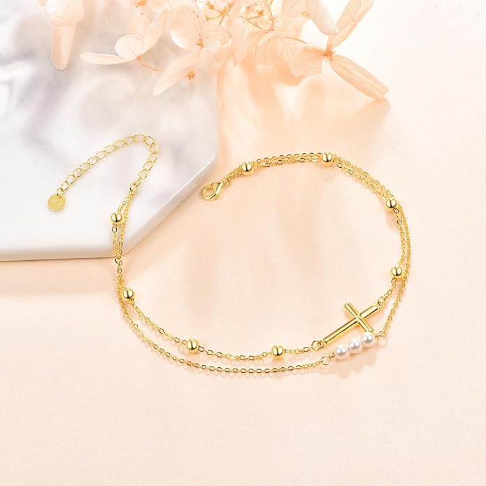 Palpitate Cross Anklet for Women Pearl Cross Ankle Bracelets 14K Gold Plated Adjustable Layered Foot Bead Chain for Women Beach Jewelry Christmas Gifts