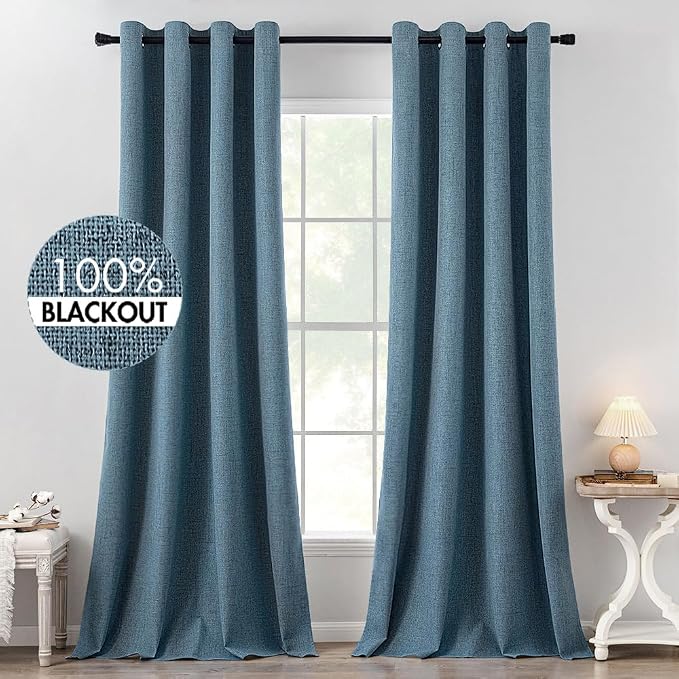 MIULEE Linen Texture Curtains for Bedroom Solid Blackout Thermal Insulated Dusty Blue Curtains Grommet Room Darkening Draperies for Living Room 52x120 Inch (2 Panels)