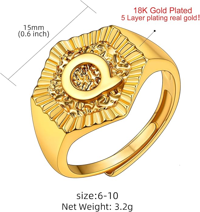 KeyStyle Bold Initial Letter Rings Adjustable, GoldChic Jewelry Women Gold Statement Ring Personalized Engraved Women’s Open Signet Ring for Party (Gold, White Gold, Black)